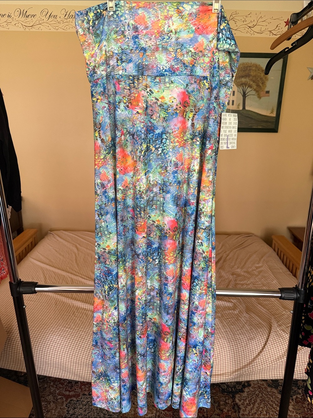LuLaRoe Maxi Skirt in Blue, Coral, Green & Yellow Abstract Print